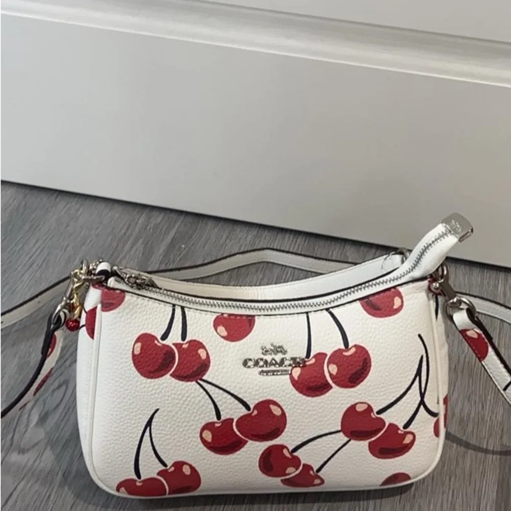 Coach White Leather Shoulder Bag with Red Cherry Print
